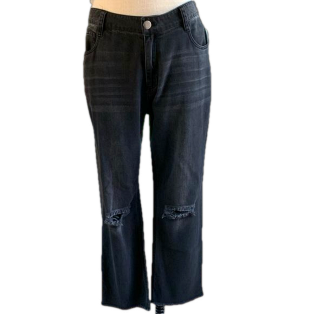 Cloth & Stone sz 28 black legacy wash straight leg distressed knees raw hem jean